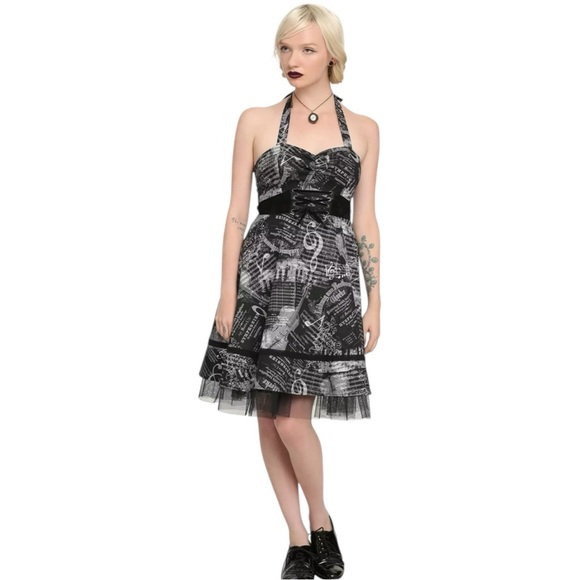 Hot Topic Black Grey Music Note Piano Corset Lace Up Waist Halter Style Dress - Picture 1 of 13